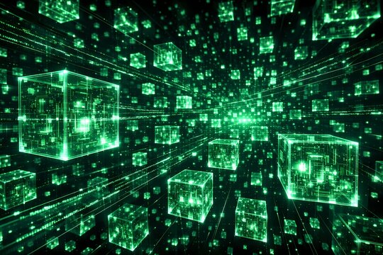 Endless array of green glowing futuristic digital cubes floating in digital cyberspace. This high quality 3D render is suitable for cybersecurity, programming, and tech banners.