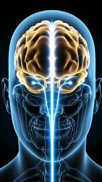 Digital Representation of Human Brain Anatomy and Neural Pathways Highlighted with Glowing Blue Lines on a Dark Background for Medical and Health Applications