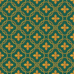 Obraz premium Luxury metallic gold and emerald green damask seamless pattern with fleur-de-lis motif for royal packaging, wedding invitation, and elegant textile design.
