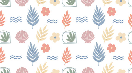 Seamless pattern of colorful seashell, fern leaf, flower, and water wave illustrations on white background © Pronob Kumar Ray