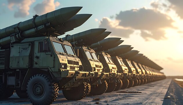 A row of military missile launchers on a concrete surface at sunset