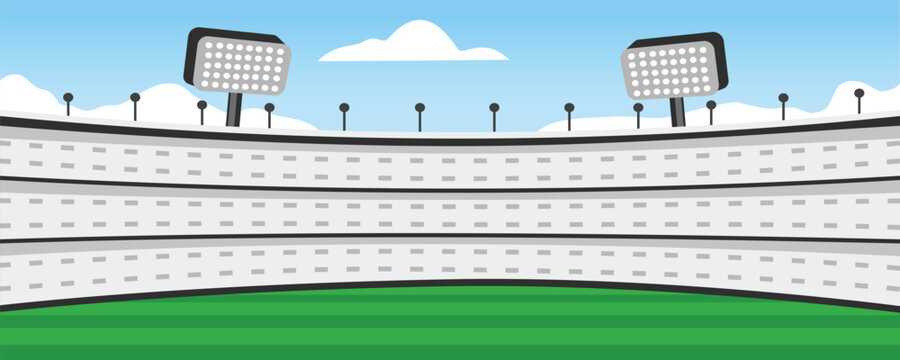 Empty Sports Stadium with Green Field and Bright Lights. Professional Sports Venue. Sports Arena with Grandstands. Empty Championship Stadium Scene.
