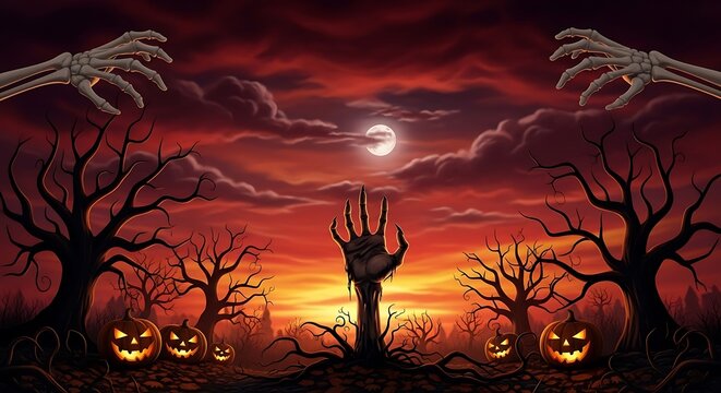 Evil pitchfork silhouette at Halloween sunset with jack o lanterns illustration