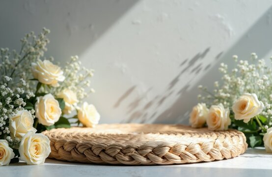 Woven round platform with cream roses and baby breath flowers. Natural organic display base for product presentation against textured wall with shadow patterns.