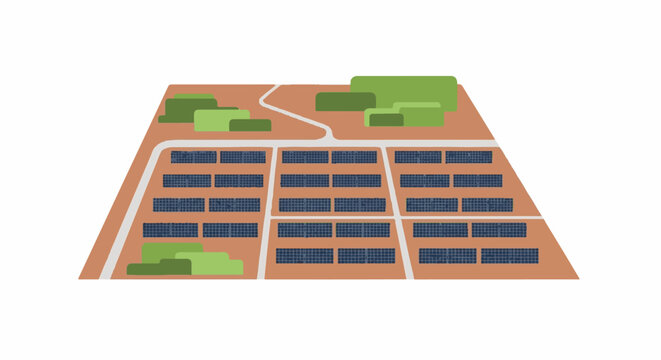Aerial view of a large solar panel farm with scattered greenery and a winding path