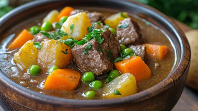 selective focus rich savory beef stew in rustic bowl with tender beef chunks carrots potatoes peas thick broth parsley garnish