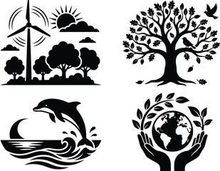 Fototapeta premium Environmental and eco friendly black and white vector icons set featuring wind turbine tree dolphin and planet earth.