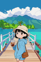 Obraz premium Cute Anime Girl Enjoying Coastal Pier Vacation