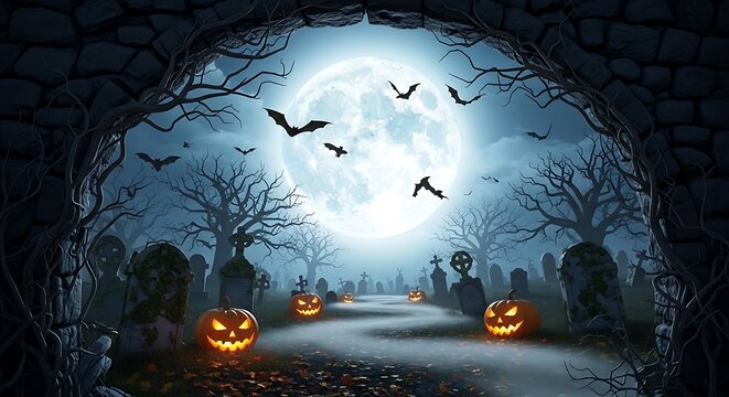 Halloween jack o lanterns under a full moon illustration