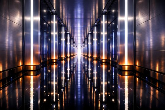 A long futuristic corridor with polished metallic surfaces and soft glowing lights. This elegant architectural image is ideal for modern design, interior, and technology themes.