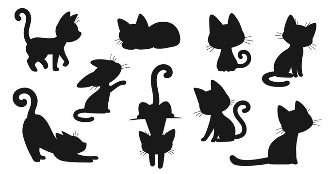 Black cat silhouette vector set. Minimalist flat cartoon kitten shapes and solid stencils collection. Halloween decorative element pack for graphic design.