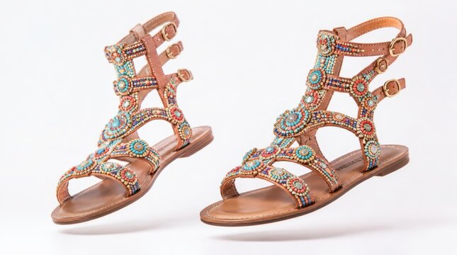Intricate beaded gladiator sandals captured in a cinematic widescreen composition, these artisan footwear pieces display vibrant handcrafted details and sophisticated leather craft for summer style.