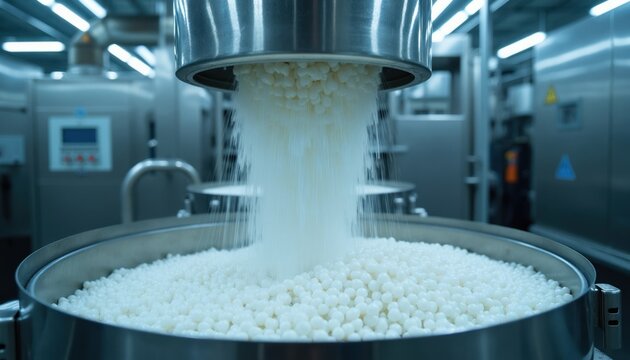 Plastic pellets pour into large metal container. Automated industrial machinery fills hopper with raw material for production. Granules move through manufacturing equipment.