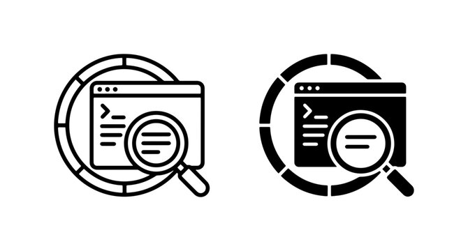 Website Search and Analytics Icons, Digital Marketing Data Analysis, SEO Optimization Tools, Web Development Code Inspection