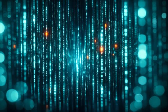 A background of falling digital code with glowing cyan light particles and soft bokeh effects. This tech image is great for internet, cybersecurity, data, and computing concepts.
