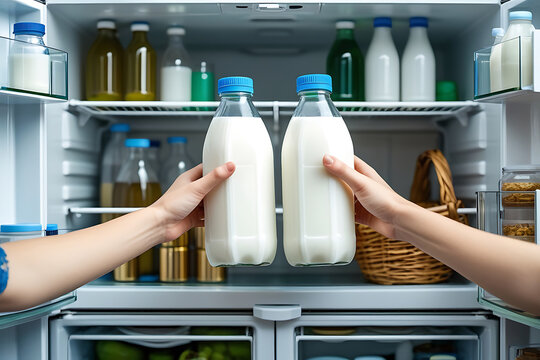 Person hands holding two glass bottles of fresh milk inside opened refrigerator full of groceries.