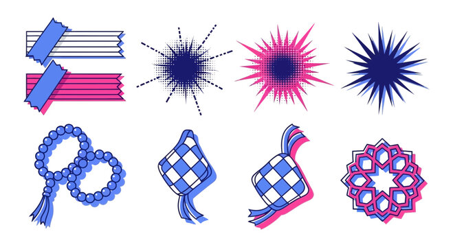 Islamic holiday icons ribbons bursts beads rice cakes and decorative star