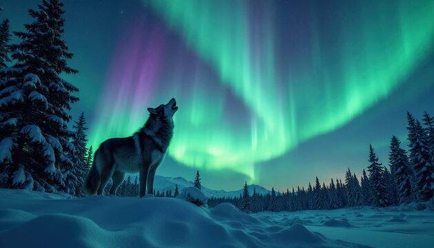 Lone wolf howls at vibrant aurora borealis in snowy winter forest. Northern lights glow in dark sky above snow covered pine trees. Wild predator calls out under starry night sky.