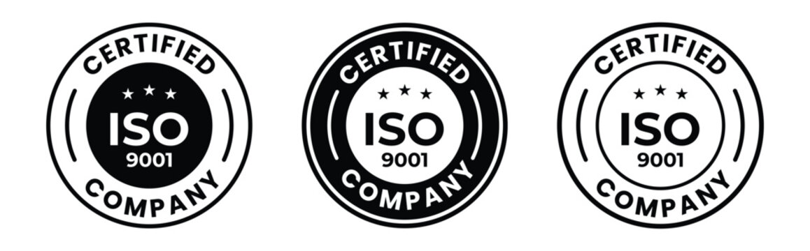 iso 9001 certified company seals three black and white circular emblems with text