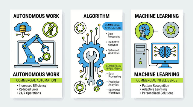 Three vertical infographic panels illustrating autonomous work algorithms and machine learning concepts.