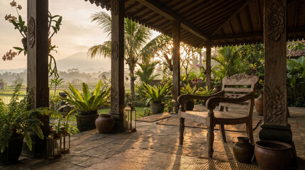 Obraz premium Elegant rustic terrace with carved wooden chair overlooking tropical gardens and misty countryside landscape at sunrise