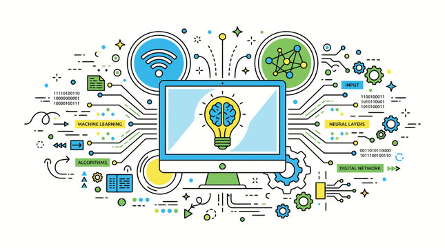Digital technology concept illustration featuring a computer monitor with a glowing lightbulb icon.