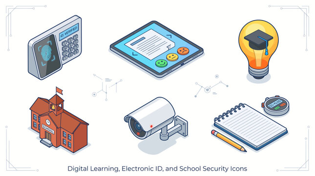 Isometric icons representing digital learning and school security systems.