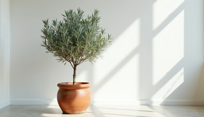 Fototapeta premium Minimalist indoor olive tree in terracotta pot. Lush green foliage, soft light shadows on white wall. Simple elegant home decor, natural aesthetic, plant life.