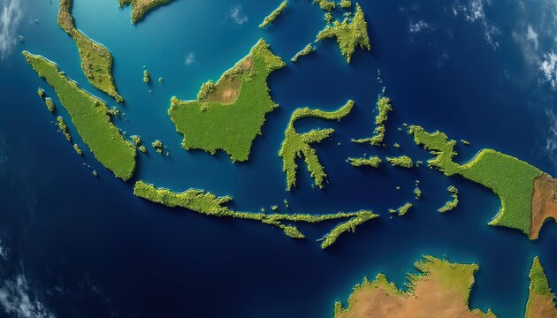Top view of Indonesia archipelago. Green islands spread across blue ocean water. Illustrates geography, nature, and country borders from space.
