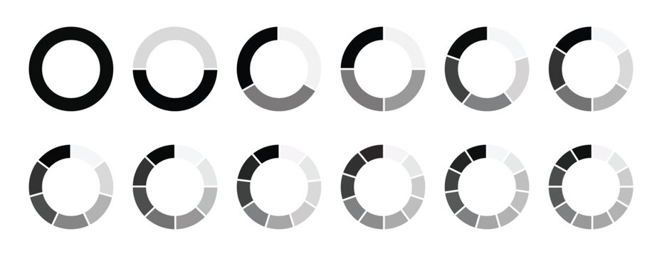 Circular progress indicators in varying stages of completion gray scale isolated on white