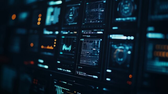Futuristic digital dashboard display with complex data analytics visualization interface screens.
