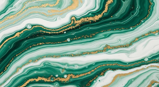Abstract marbleized background features flowing green and gold patterns with organic textures.