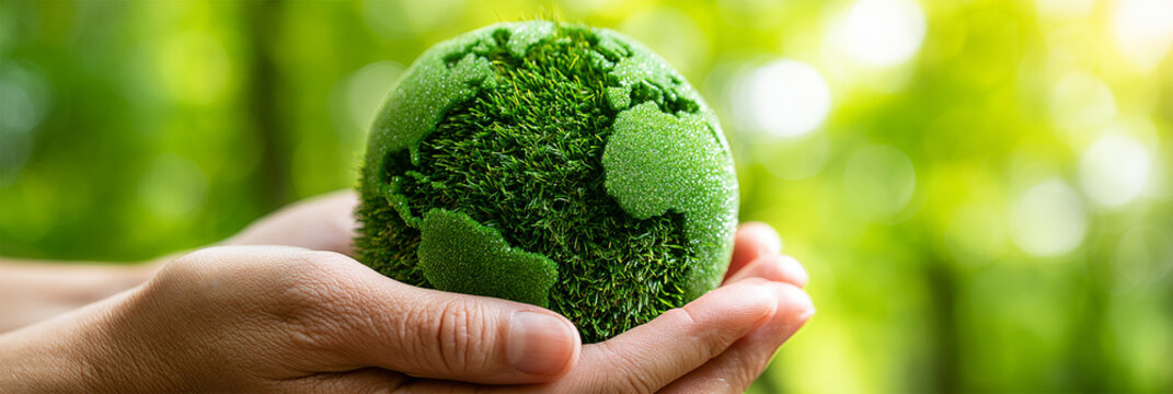 Human Hand Holding Planet Earth with Green Nature and Forest Elements, Environmental Protection and Global Sustainability Concept, Save the Planet, Eco Friendly Lifestyle, Climate Change Awareness, 
