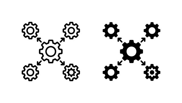 Gear System Icons, Mechanical Cogwheel Network Graphics, Industrial Process Connections, Machine Part Collaboration Vector Set