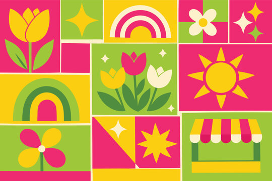 Vibrant Geometric Spring Collage with Bold Fuchsia Lime and Yellow Tile Motifs Featuring Tulips Rainbows Sun and Floral Patterns for Modern Seasonal Backgrounds and Graphic Design