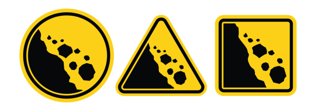 rockfall hazard warning signs yellow and black safety icons in circular triangular and square shapes