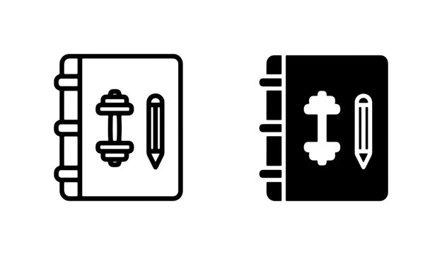 Fitness Journal Icons, Workout Logbook Vector Graphics, Dumbbell and Pencil Symbols for Health and Exercise Planning, Black and White Outline and Solid Fill Styles