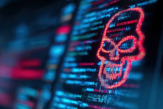 Digital skull malware alert showing on computer screen with red glitched code and hacking.