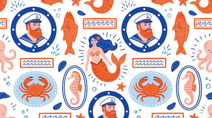 Vintage hand drawn marine seamless pattern illustration. Retro style sea life cartoon background. Summer vacation surface print design includes mermaid, fish, sailor. © Drow Dx