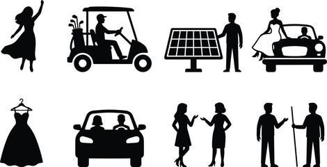 Vector silhouette icons set featuring golf cart solar panel bride in car evening dress and talking people © Mst Shamima