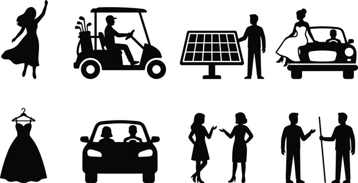 Vector silhouette icons set featuring golf cart solar panel bride in car evening dress and talking people