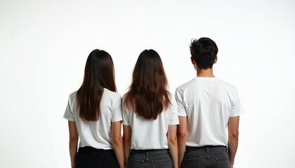 Obraz premium Three people stand with backs turned in white t-shirts against a white background. They might represent a team, a family, or a couple looking forward to the future, or a general group of individuals.