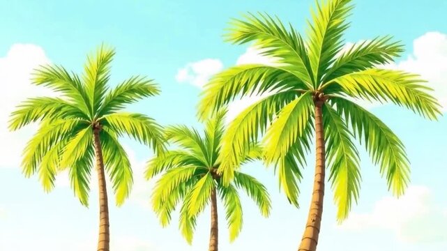Three dancing palm trees against a blue sky on a sunny day, simple animation