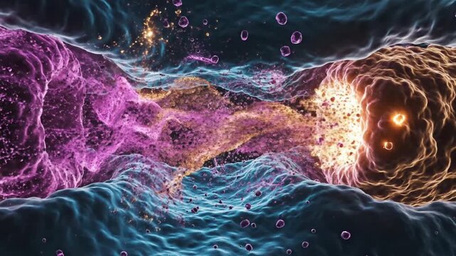 Majestic Cinematic Wide Shot of Cosmic Joy Storm of Dopamine Particles in Synaptic Gap