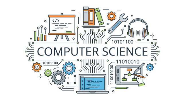 Computer Science concept illustration with technology icons and digital elements.