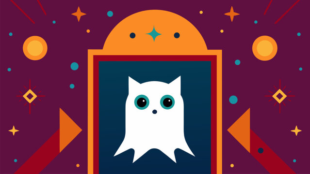 Cute Halloween ghost inside decorative frame with festive spooky background in flat vector style. Perfect for greeting cards, wall art, invitations, and social media content.