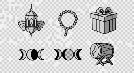 Obraz premium Islamic symbols and icons for religious and festive themes in monochrome