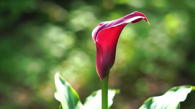 Close up of beautiful blooming pink calla lily flower in green spring garden