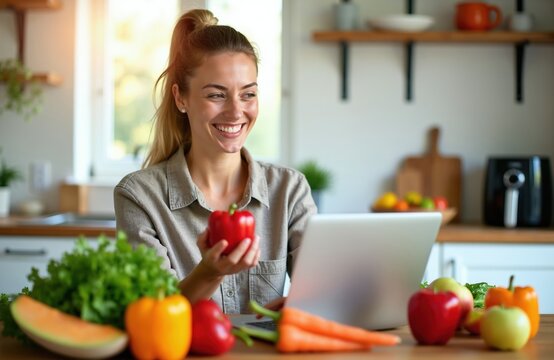 Smiling woman holds red bell pepper during online video call. She advises on healthy food and diet on laptop from home kitchen. Nutritionist offers remote wellness advice for healthy living.