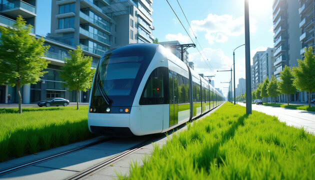 Modern tram moves on green city track past buildings. Public transport travels on rails alongside grass. Urban commute in eco city with modern transport.